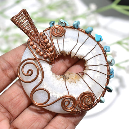 Big Window Druzy & Raw Turquoise Pendant – Wire Wrapped Natural Gemstone Wholesale Jewelry