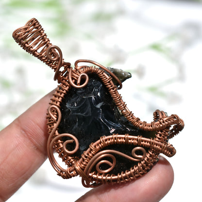 Unique Black Opalite Crescent Moon Gemstone Pendant – Copper Wire Wrapped Handcrafted Crystal Wholesale Jewelry