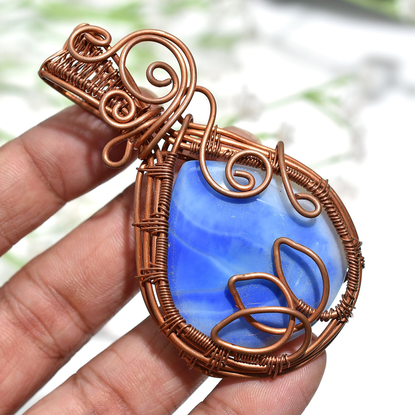 Handcrafted Blue Botswana Agate Copper Wire Wrapped Pendant - Wholesale Necklace Artisan Jewelry