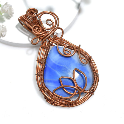 Handcrafted Blue Botswana Agate Copper Wire Wrapped Pendant - Wholesale Necklace Artisan Jewelry