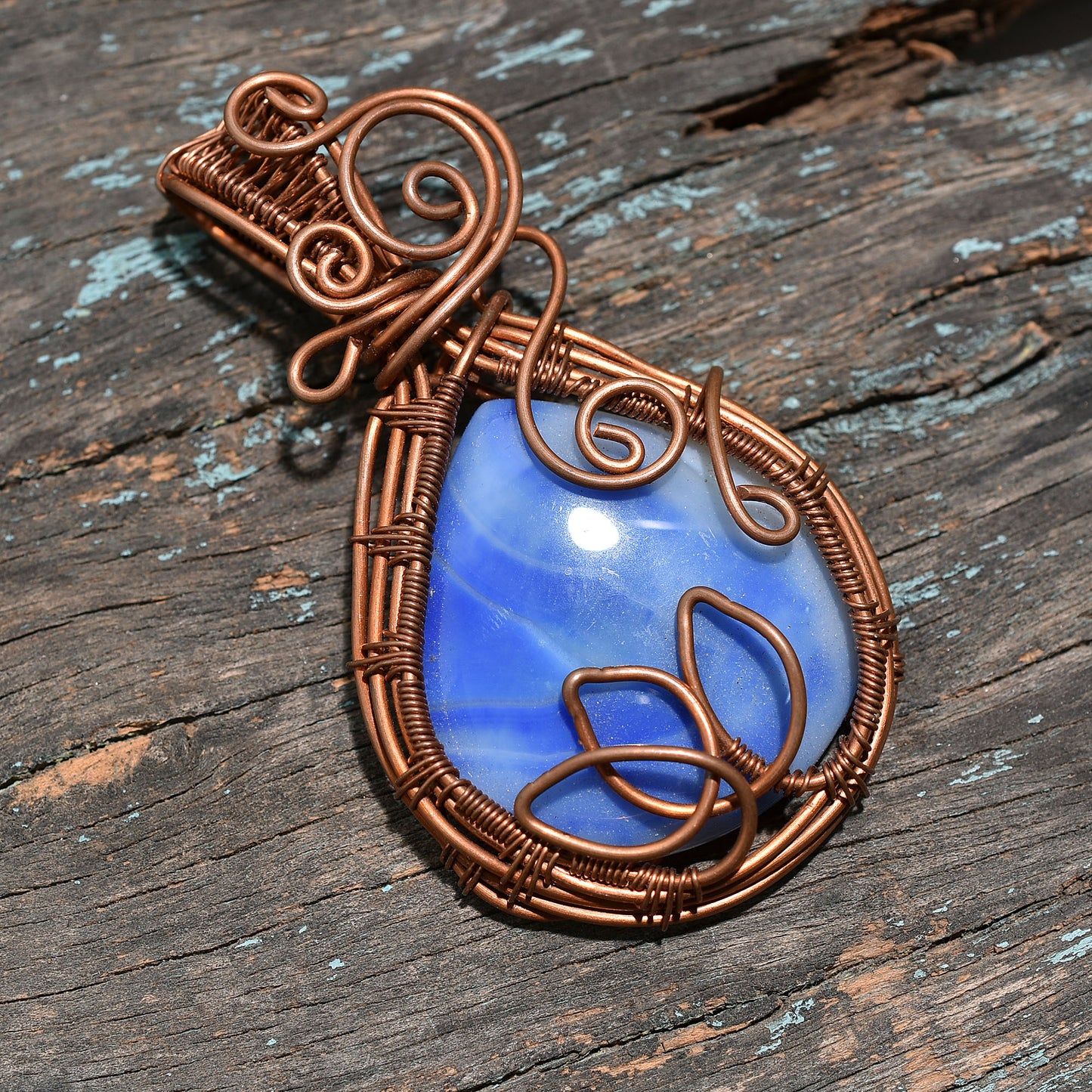 Handcrafted Blue Botswana Agate Copper Wire Wrapped Pendant - Wholesale Necklace Artisan Jewelry