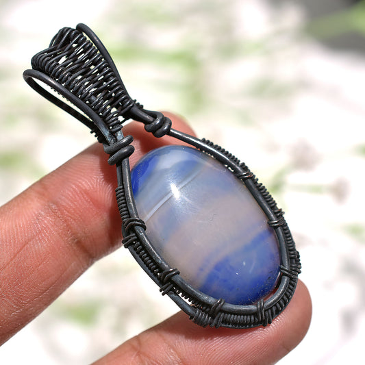 Blue Botswana Agate Pendant Oxidized Copper Wire Wrapped Handmade Wholesale Gemstone Necklace