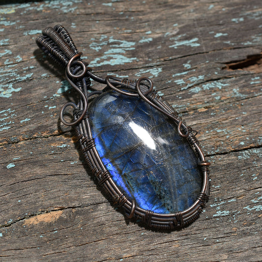 Mystic Labradorite Wire Wrapped Pendant Wholesale Gemstone Dark Copper Jewelry for Aura Protection