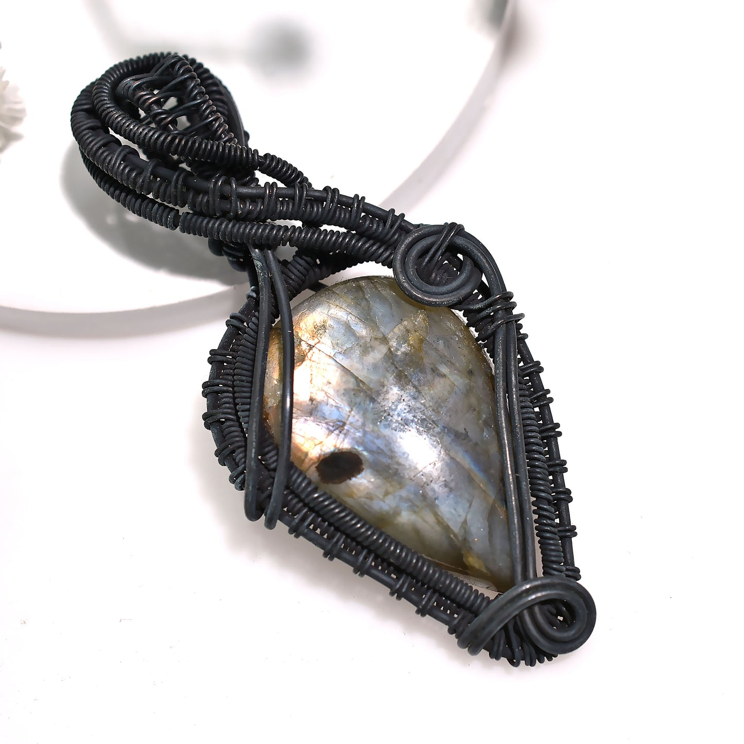 Handmade Labradorite Pendant Polished Flash Stone for Wholeasale Copper Wire Wrapped Jewelry