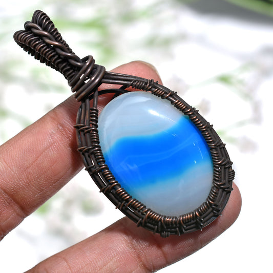 Bohemian Blue Botswana Agate Pendant Wholesale Gemstone Wire Wrapped Jewelry