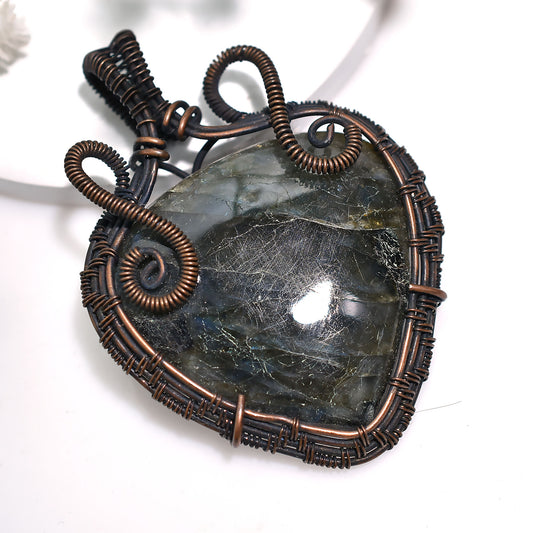 Artisan Labradorite Pendant Natural Flashing Wholesale Gemstone Copper Wire Wrapped Necklace for Gifts