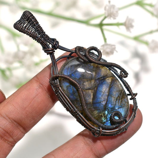 Handmade Labradorite Wire Wrapped Pendant-Wholesale Flashy Stone Copper Necklace