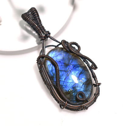 Handmade Labradorite Wire Wrapped Pendant-Wholesale Flashy Stone Copper Necklace