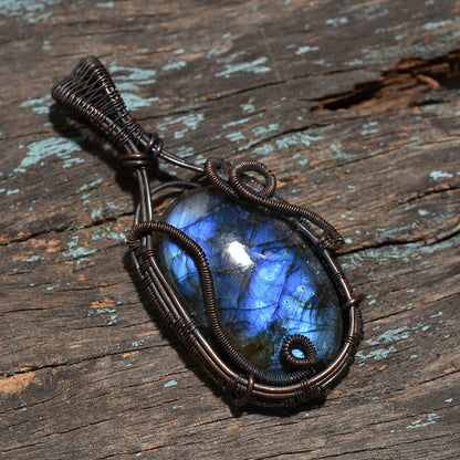 Handmade Labradorite Wire Wrapped Pendant-Wholesale Flashy Stone Copper Necklace