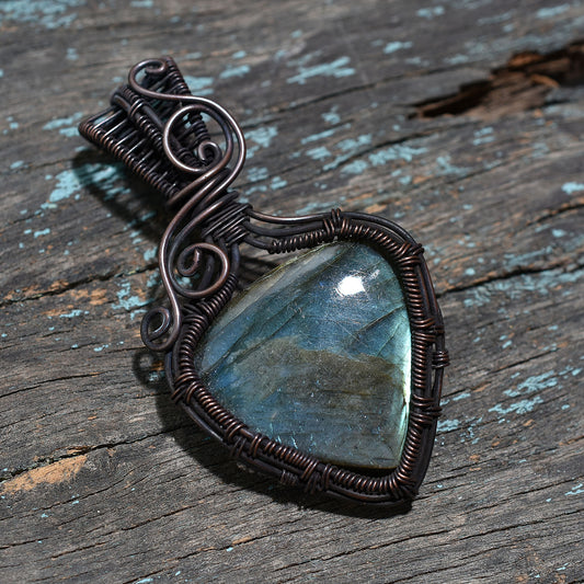 Artisan Labradorite Wire Wrapped Pendant-Wholesale Flashing Gemstone Copper Necklace