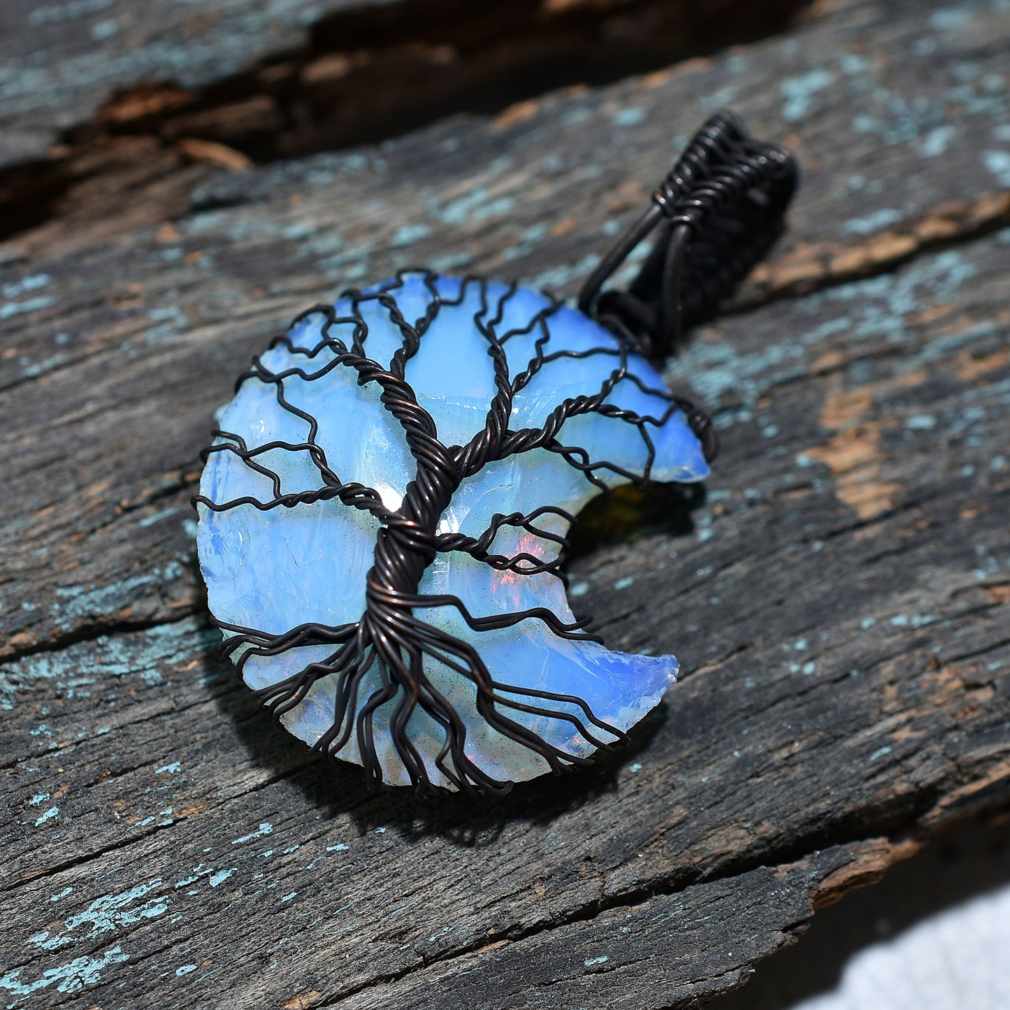 Crescent Opalite Dark Copper Wire Wrapped Pendant Wholesale Gemstone Necklace Jewelry