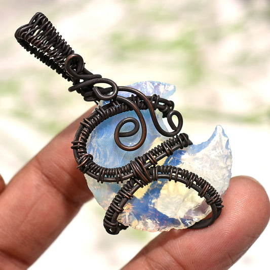 Beautiful Crescent Half Moon Opalite Pendant-Wholesale Wire Wrapped Stone Copper Jewlery