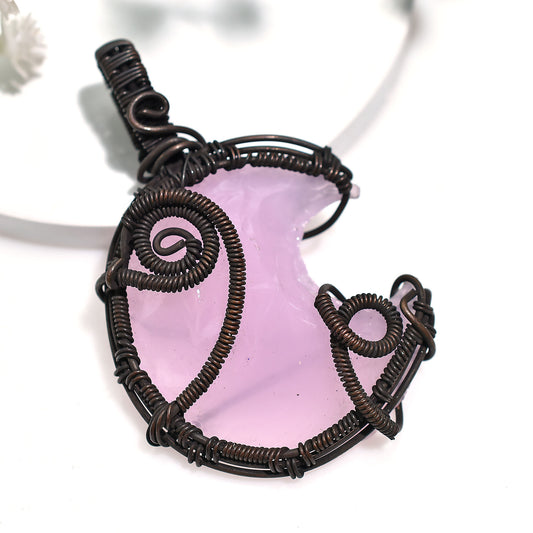 Rose Quartz Crescent Moon Gemstone Pendant – Oxidized Copper Antique Wire Wrapped Handmade Necklace
