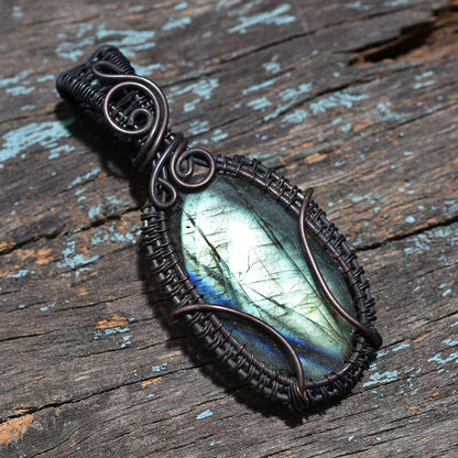 Labradorite Oxidized Copper Wire Wrapped Pendant – Handmade Flashy Gemstone Wholesale Jewelry