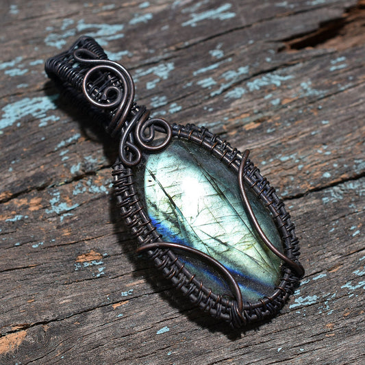 Labradorite Oxidized Copper Wire Wrapped Pendant – Handmade Flashy Gemstone Wholesale Jewelry