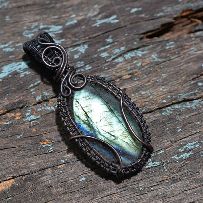 Labradorite Oxidized Copper Wire Wrapped Pendant – Handmade Flashy Gemstone Wholesale Jewelry