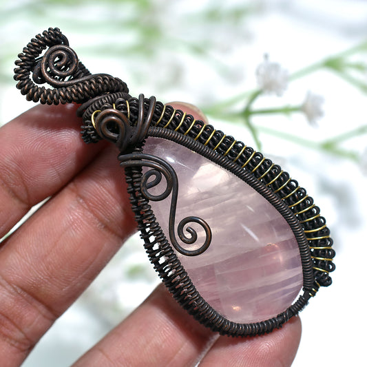 Unique Rose Quartz Gemstone Pendant – Copper Wire Wrapped Artisan Wholesale Necklace