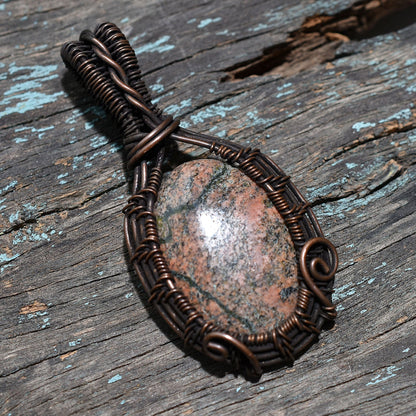Beautiful Unakite Gemstone Pendant – Oxidized Copper Wire Wrapped Handmade Boho Jewelry