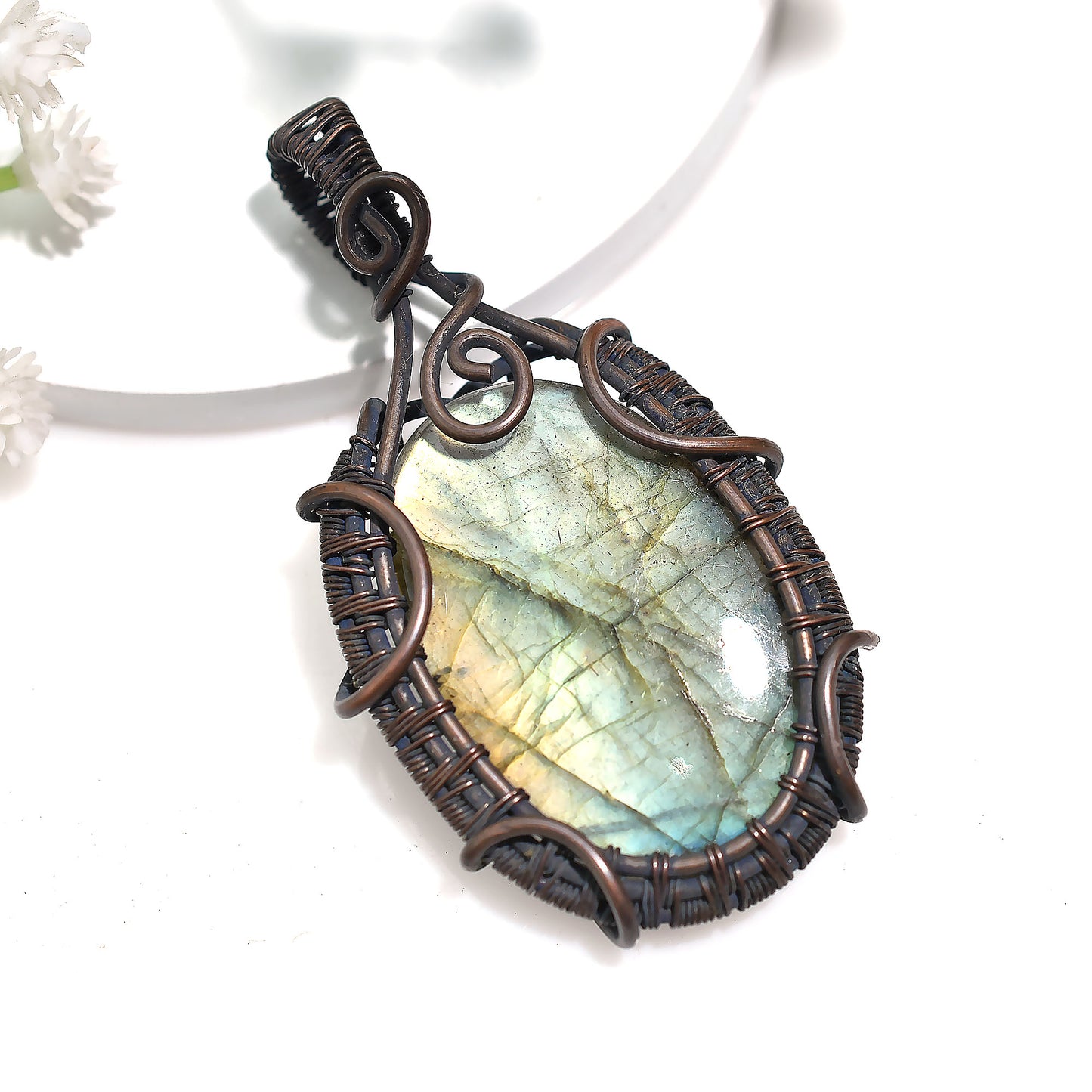 Elegant Labradorite Flashy Gemstone Pendant – Copper Wire Wrapped Wholesale Handcrafted Jewelry