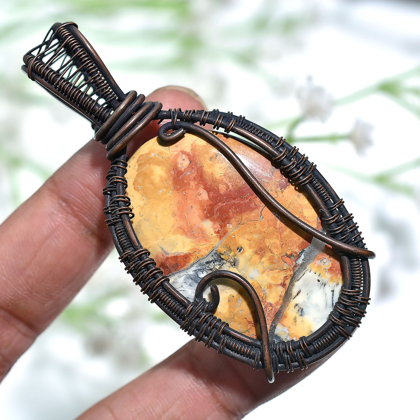 Handmade Maligano Jasper Gemstone Pendant –  Oxidized Copper Wire Wrapped Wholesale Artisan Jewelry