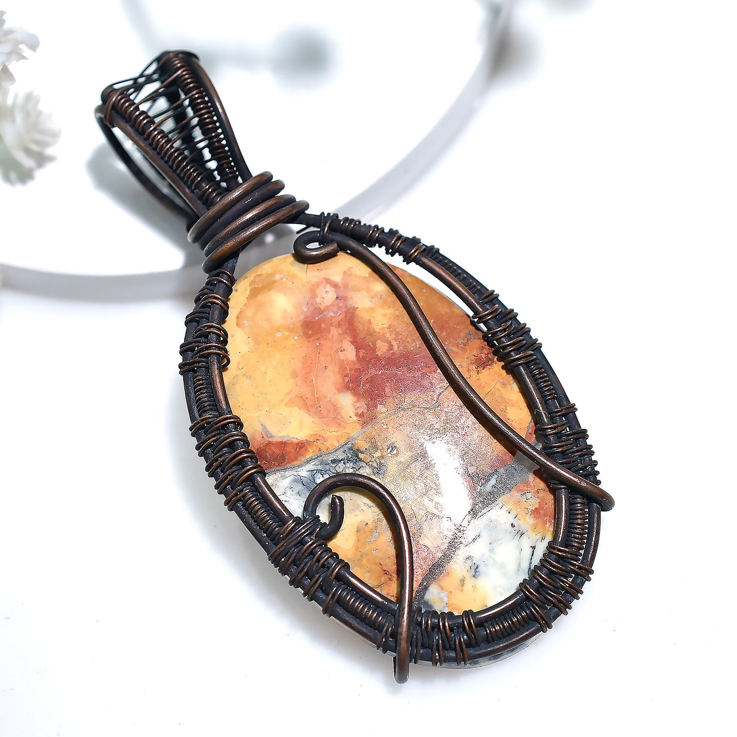 Handmade Maligano Jasper Gemstone Pendant –  Oxidized Copper Wire Wrapped Wholesale Artisan Jewelry