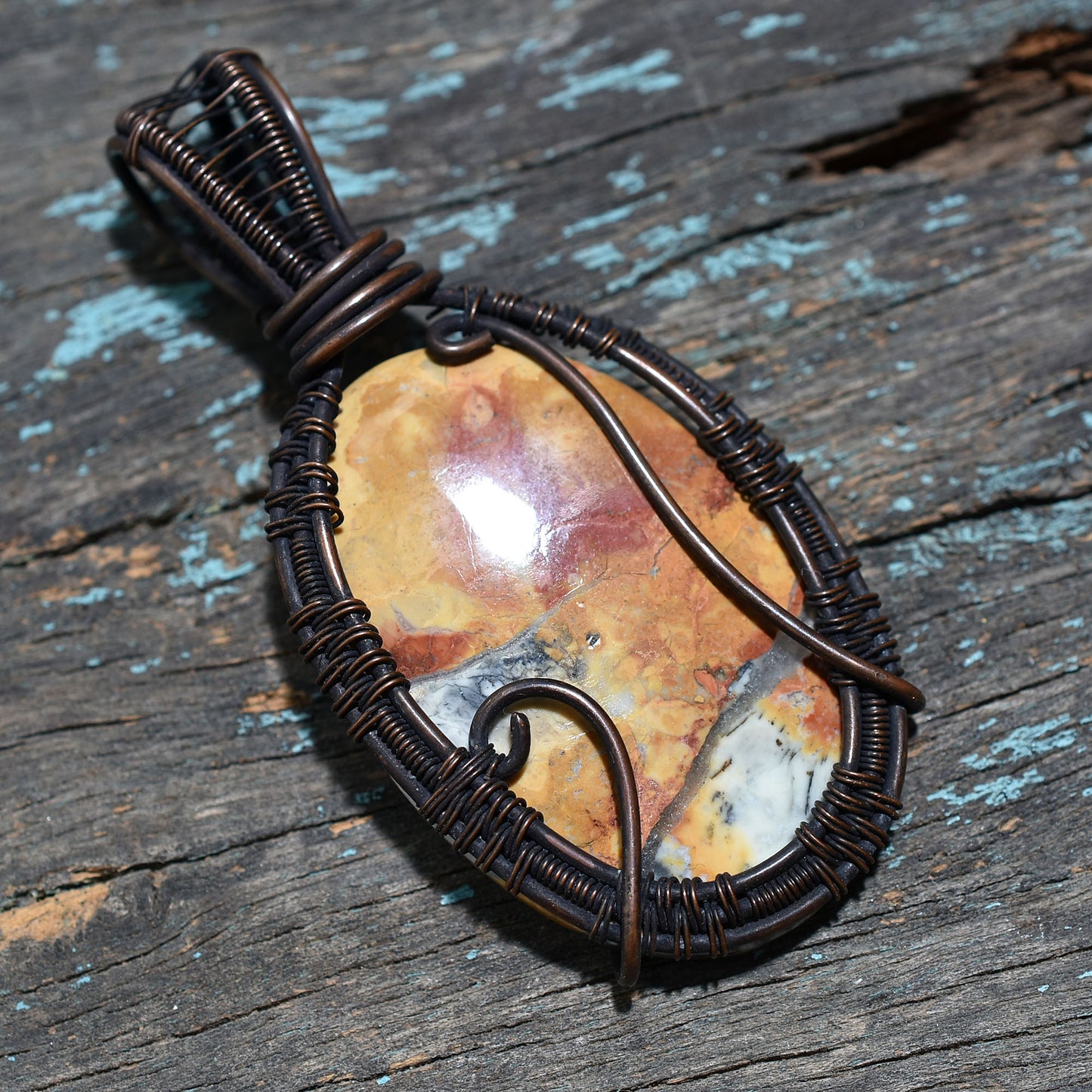 Handmade Maligano Jasper Gemstone Pendant –  Oxidized Copper Wire Wrapped Wholesale Artisan Jewelry
