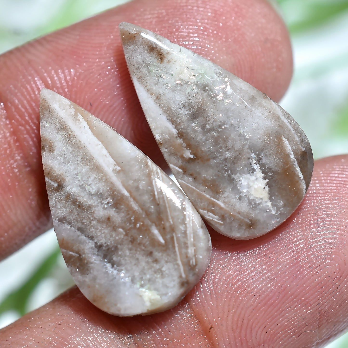 Zebra Calcite Jasper Pair – Teardrop Shaped Natural Gemstones (11x22x3mm,/17ct)