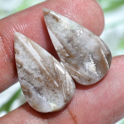 Zebra Calcite Jasper Pair – Teardrop Shaped Natural Gemstones (11x22x3mm,/17ct)
