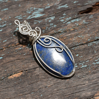 Elegant Lapis Lazuli Pendant – Artisan Silver Wire Wrapped Necklace Wholesale Gemstone