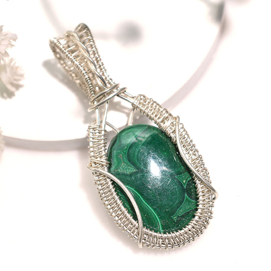 Stunning Malachite Silver Wire Wrapped Gemstone Pendant – Wholesale Artisan Handcrafted Design Jewelry