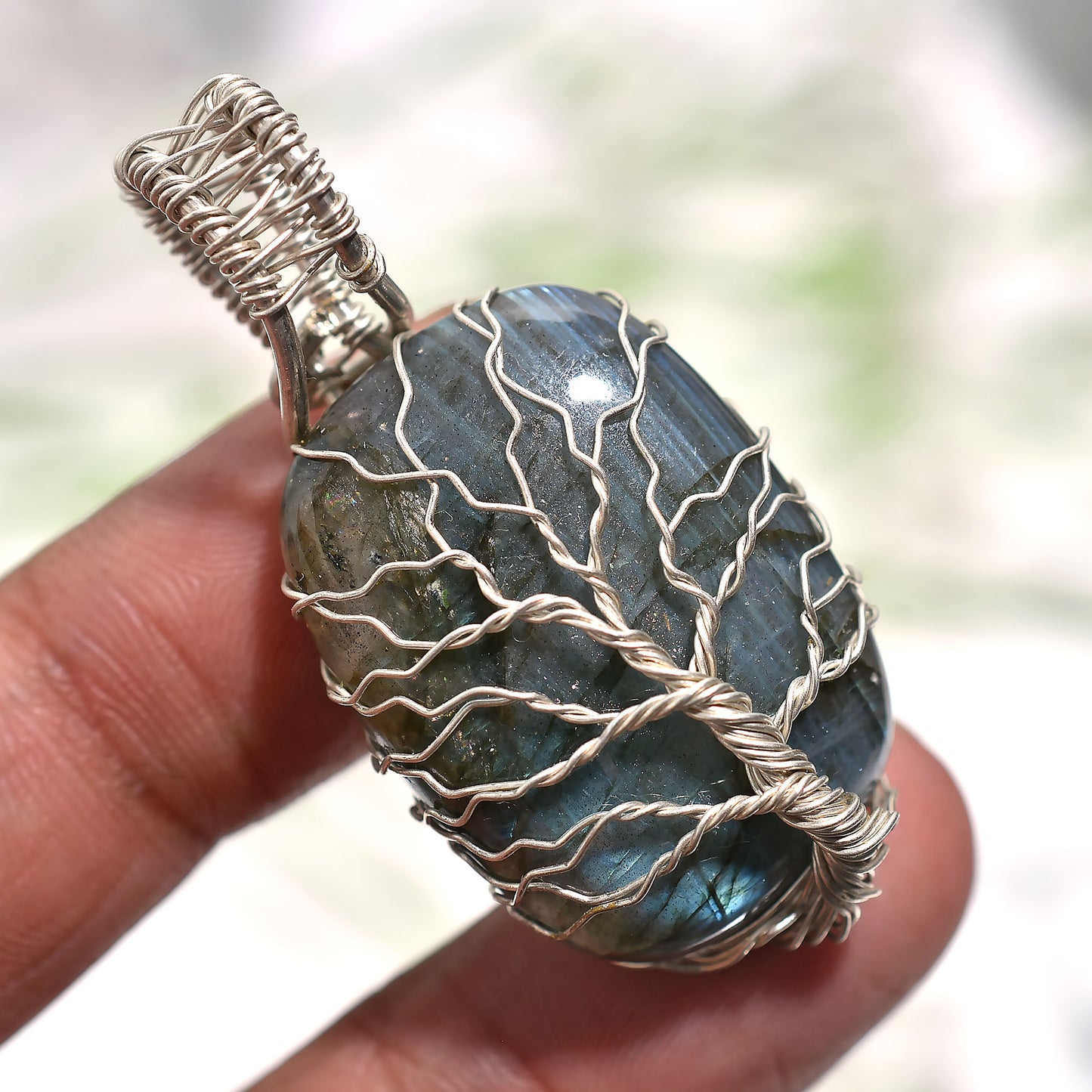 Iridescent Labradorite Tree of Life Gemstone Pendant – Silver Wire Wrapped Handmade Wholesale Jewelry