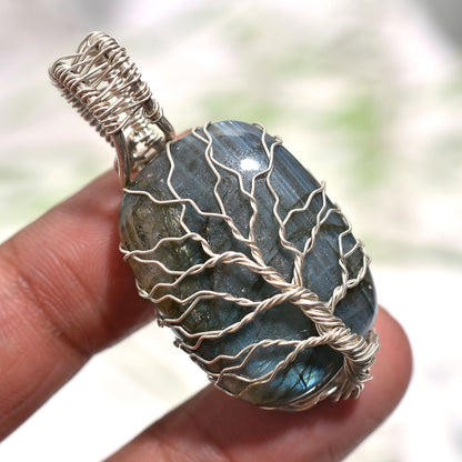 Iridescent Labradorite Tree of Life Gemstone Pendant – Silver Wire Wrapped Handmade Wholesale Jewelry