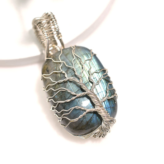 Iridescent Labradorite Tree of Life Gemstone Pendant – Silver Wire Wrapped Handmade Wholesale Jewelry
