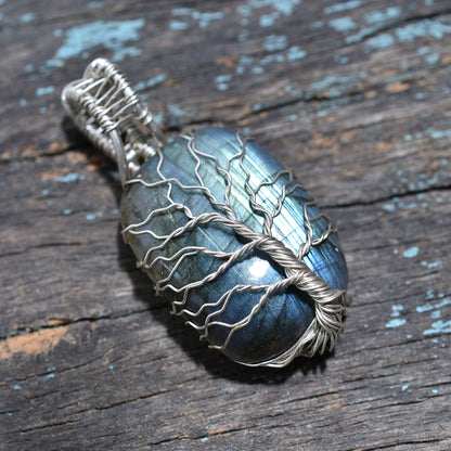Iridescent Labradorite Tree of Life Gemstone Pendant – Silver Wire Wrapped Handmade Wholesale Jewelry