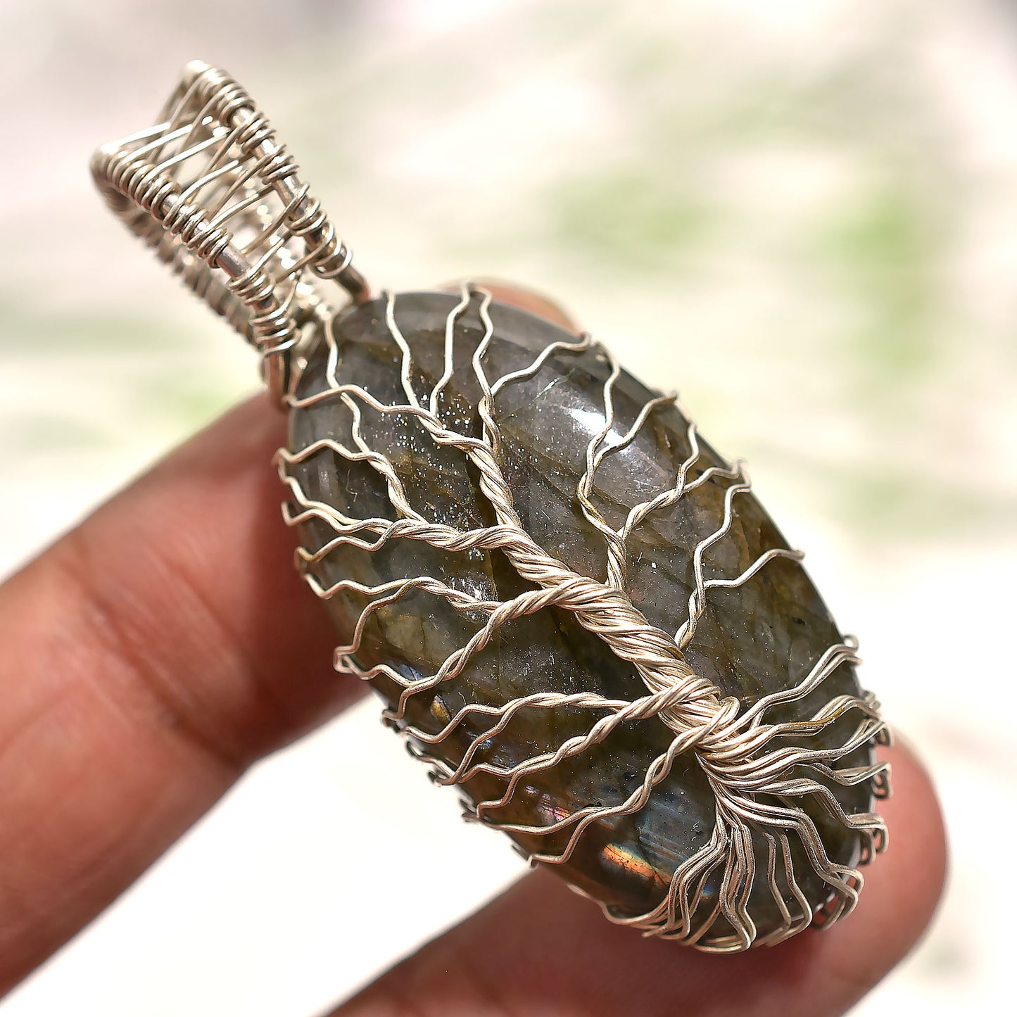 Handcrafted Labradorite Gemstone Pendant – Silver Wire Wrapped With Tree Symbol Wholesale Jewelry