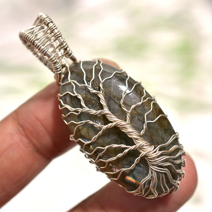Handcrafted Labradorite Gemstone Pendant – Silver Wire Wrapped With Tree Symbol Wholesale Jewelry
