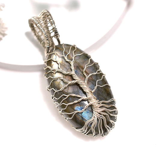 Handcrafted Labradorite Gemstone Pendant – Silver Wire Wrapped With Tree Symbol Wholesale Jewelry