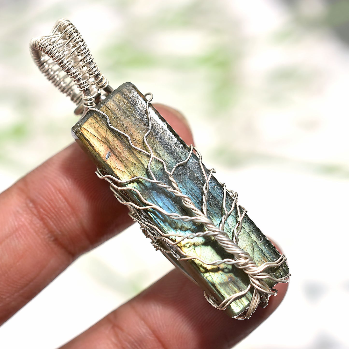 Rectangular Labradorite Tree of Life Pendant – Silver Wire Wrapped Wholesale Handcrafted Design Gemstone