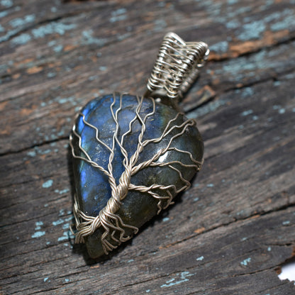 Trendy Labradorite Silver Wire Wrapped Gemstone Pendant – Pear Shape with Tree of Life Artisan Design