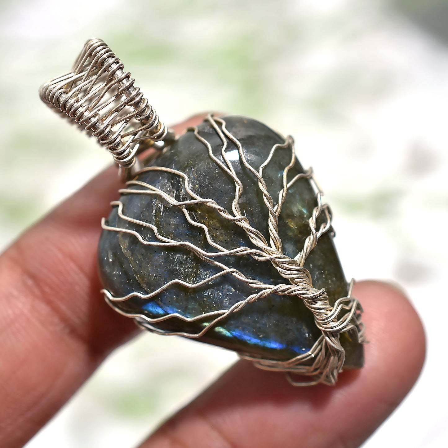 Trendy Labradorite Silver Wire Wrapped Gemstone Pendant – Pear Shape with Tree of Life Artisan Design