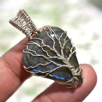 Trendy Labradorite Silver Wire Wrapped Gemstone Pendant – Pear Shape with Tree of Life Artisan Design