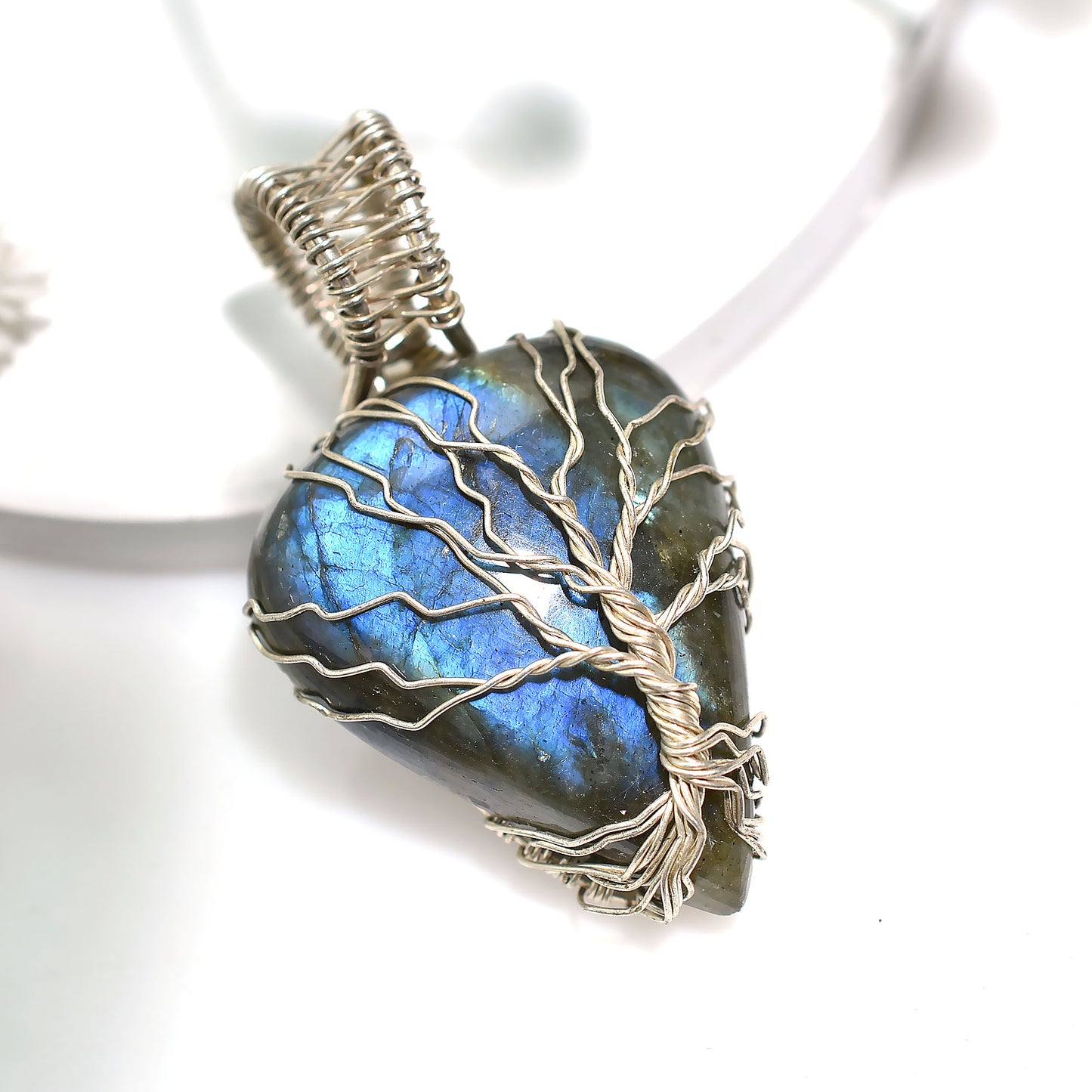 Trendy Labradorite Silver Wire Wrapped Gemstone Pendant – Pear Shape with Tree of Life Artisan Design