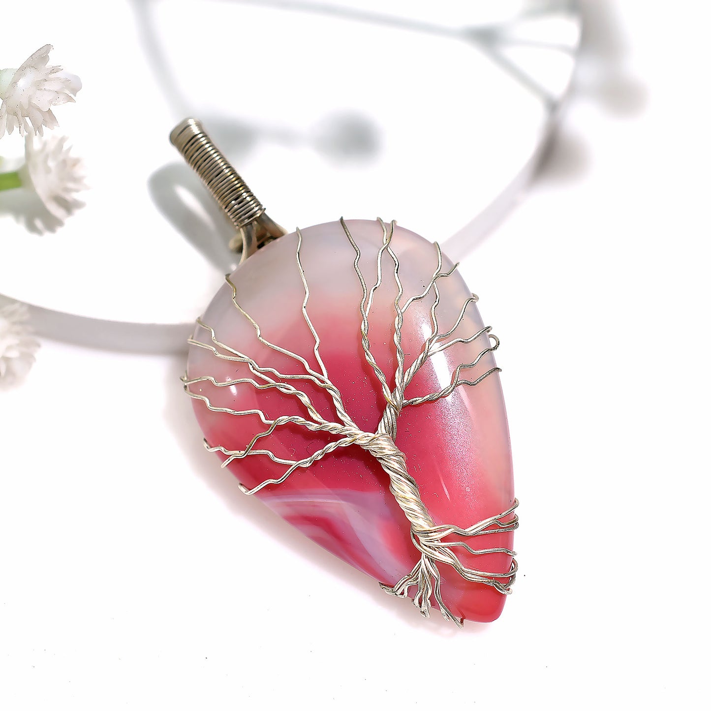 Pink Botswana Agate Silver Wire Wrapped Gemstone Pendant - Wholesale Tree Of Life Design Artisan Jewelry