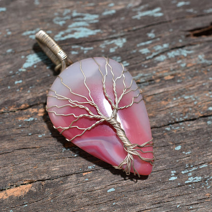 Pink Botswana Agate Silver Wire Wrapped Gemstone Pendant - Wholesale Tree Of Life Design Artisan Jewelry