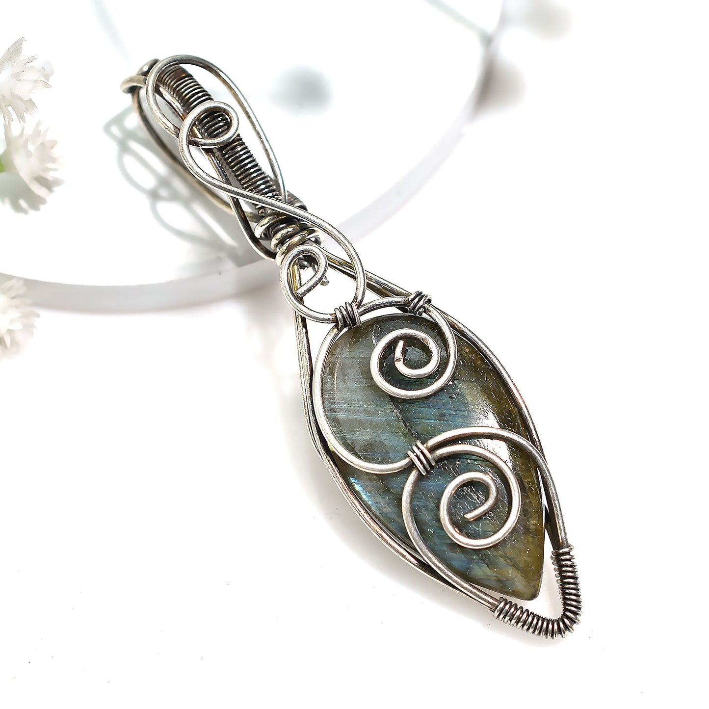 Handmade Labradorite Necklace – Silver Wire Wrapped Swirl Design Wholesale Gemstone Pendant