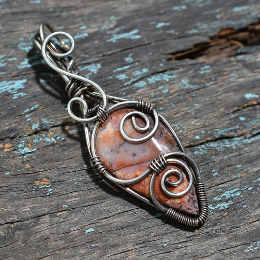Beautiful Jasper Gemstone Pendant – Silver Wire Wrapped Swirl Design Handcrafted Jewelry