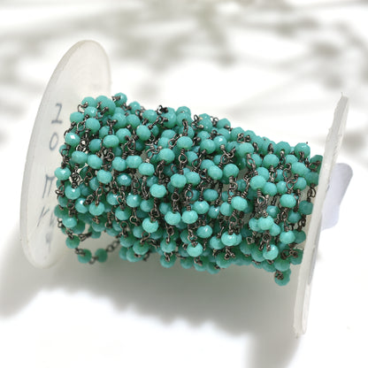 Elegant Emerald Hydro Faceted Beads Rosary Chain – Black Metal Plated Links for Custom Jewelry