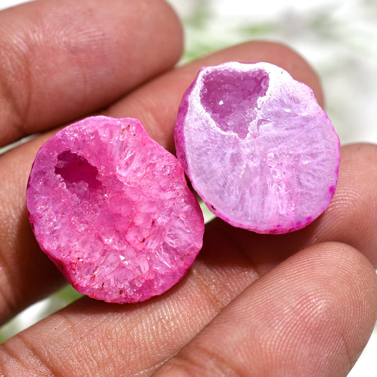 Glimmering Pink Druzy Solar Quartz Pair – Sparkling Geode Gemstones for Designer Creations