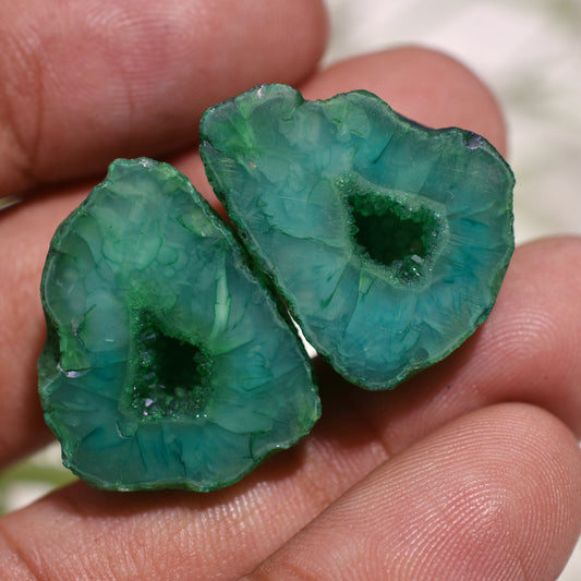 Enchanting Green Window Druzy Quartz Pair – Geodes Stone with Protruding Back for Unique Jewelry