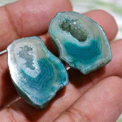 Elegant Fancy Solar Quartz Druzy Window Gemstone Pair– Bulging Geode Crystal Slice for Jewelry